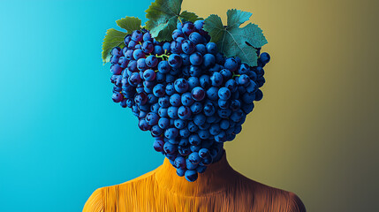 Conceptual artwork featuring human figure with grape cluster head