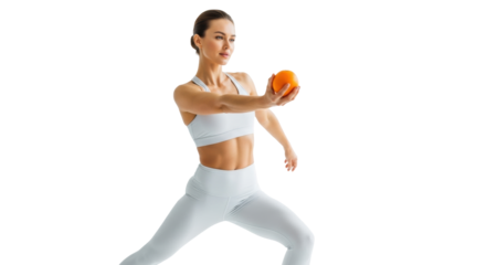 Fit young woman (25-35) in minimal white athletic wear, holding a vibrant orange in a poised stretch against a transparent studio background. Concept of active lifestyle and healthy nutrition