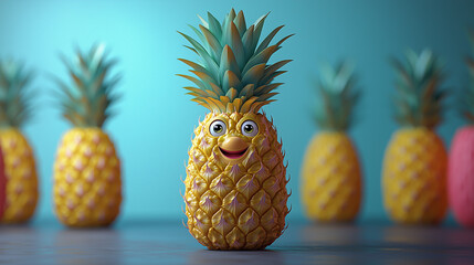 Cheerful pineapple character stands out among its fruity friends