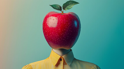 Surreal artwork features a red apple as a head on a mannequin torso