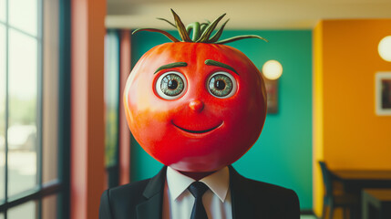 Unusual character in tomato costume stands in colorful office setting