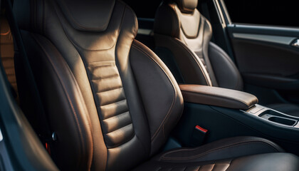 Luxurious Dark Brown Leather Car Seats Interior Detail Closeup