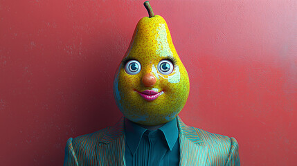 Unique character with a pear head posing in front of a vibrant red wall