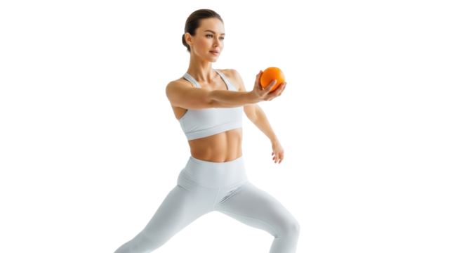 Fit young woman (25-35) in minimal white athletic wear, holding a vibrant orange in a poised stretch against a transparent studio background. Concept of active lifestyle and healthy nutrition - Powered by Adobe
