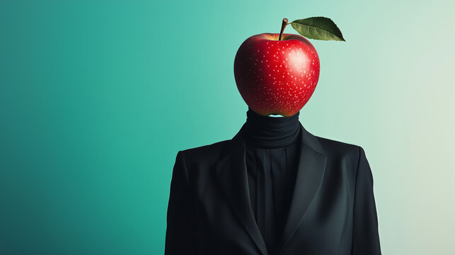 Business person with a red apple head on a vibrant backdrop