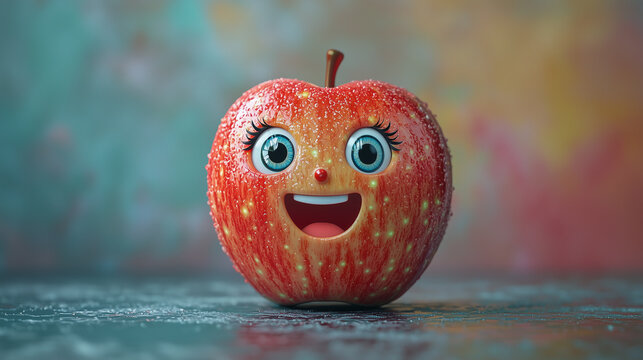 Bright and cheerful apple with animated face on colorful background