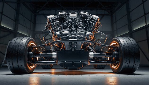 Powerful V12 Engine and Wide Tires of Custom Hot Rod in Dark Garage