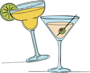 Create Glass of cocktails in continuous one line drawing. Margarita toast and martini cup in simple linear style. Alcohol drink menu in editable stroke. Doodle color vector illustration.