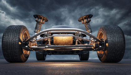 Advanced Automotive Chassis Engineering with Exposed Suspension and Low Profile Tires