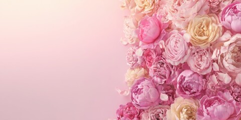 Colorful peonies on a soft pink background in spring