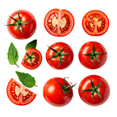Tomatoes Whole, halves, and slices, with fresh green leaves, on black