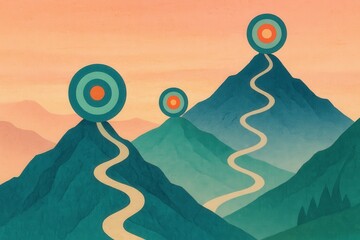 Journey through vibrant gradients showcasing abstract mountains with strategic targets representing focused ambition and goal driven adventure toward personal fulfillment