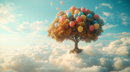 Colorful balloons rise from a whimsical tree atop fluffy clouds in the sky