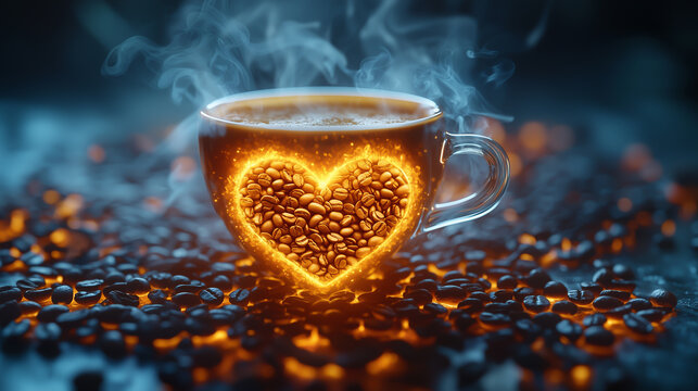 Creative coffee cup arrangement with heart design made of coffee beans