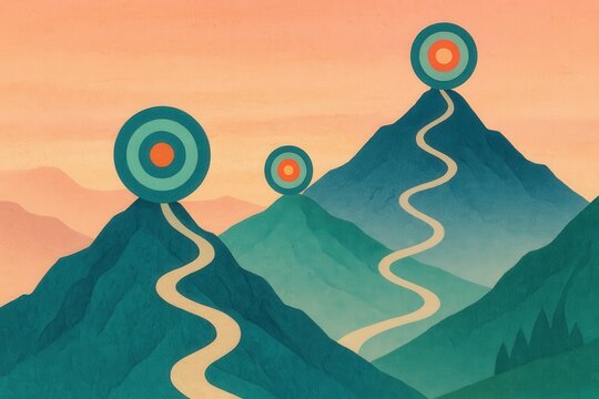 Journey through vibrant gradients showcasing abstract mountains with strategic targets representing focused ambition and goal driven adventure toward personal fulfillment