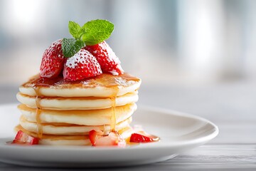 Pancakes stack topped with syrup and strawberries delicious