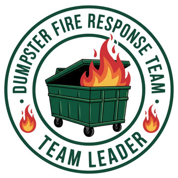 Dumpster fire response team leader logo with flames and bin isolated on transparent background