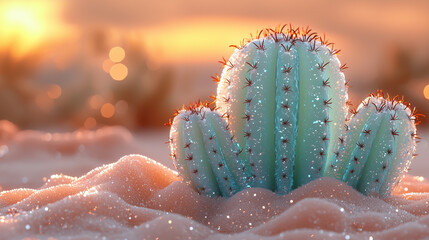 Beautiful cactus illuminated by sunset with glistening frost in desert