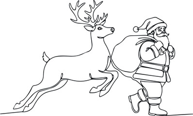 Create One continuous line drawing of christmas reindeer and Santa Claus. Wild animal deer with antlers is dynamic silhouette in simple linear style. Elegance editable stroke. Doodle victor