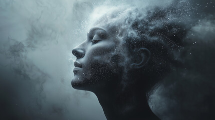 Woman's profile surrounded by swirling dust and ethereal light