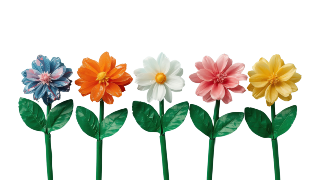 Recycled flower art installation urban garden visual artwork eco-friendly environment close-up perspective concept of recycle and sustainability