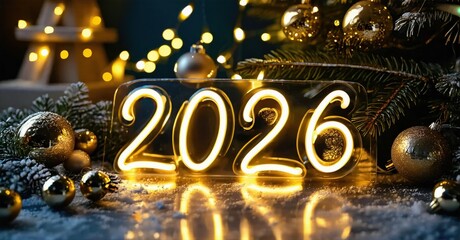 Bright neon digits display year 2026. Festive decorations surround glowing numbers, creating warm holiday mood.