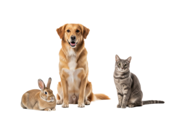 Golden Retriever mix dog, grey shorthair cat, fluffy rabbit looking at camera on a transparent studio background with high-key lighting, concept of pet harmony and unity