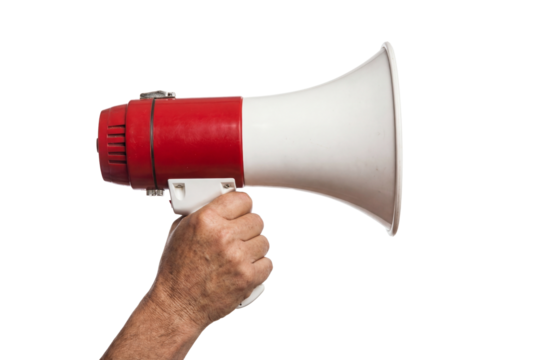 Hand holding red and white megaphone against white background, person grips loudspeaker to announce message for protest, safety alert, event promotion or public communication concept