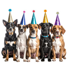 Row of dogs wearing colorful birthday party hats