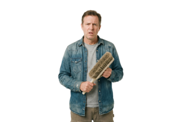 Adult man holding a scrub brush and looking confused against transparent background, household cleaning concept for chores, maintenance and home care advertising or tutorial use
