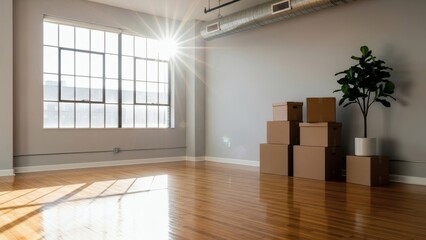 Obraz premium SunDrenched New Home Boxes Plant in Empty Room with Moving Day Bliss.