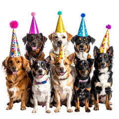 Group of dogs with party hats celebrating