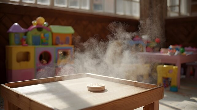 A gentle mist swirls over a wooden table in a sunlit nursery filled with colorful toys