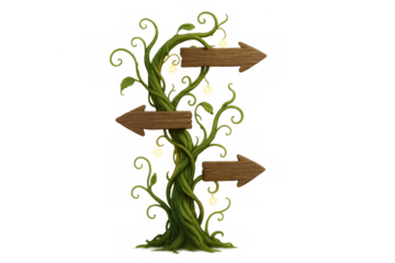Fantasy vine signpost with glowing lights and wooden arrows pointing directions, transparent background path choice dream concept