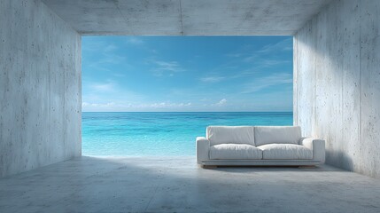 Modern coastal living room with stunning ocean view for luxury real estate advertising and stylish interior design inspiration, promoting relaxation and escape