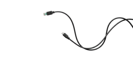 A single, pristine black electrical cable elegantly loops on a seamless transparent studio background with extensive negative copy space, captured in a photorealistic flat lay. Concept of