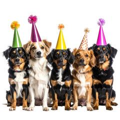 Row of dogs celebrate. Wearing party hats. Fun canine birthday gathering