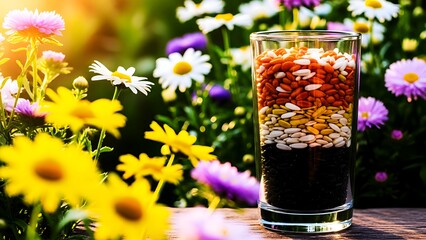 Vibrant garden scene with layered seeds in glass, bright daisies and sunshine create a healthy, natural and colorful still life arrangement
