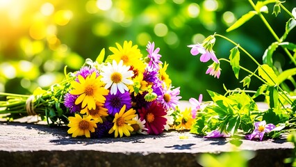 Vibrant bouquet of colorful wildflowers basking in the sun's glow, perfect for spring celebrations and cheerful designs, bringing nature's beauty to life