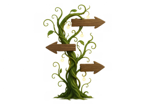 Fantasy vine signpost with glowing lights and wooden arrows pointing directions, transparent background path choice dream concept - Powered by Adobe