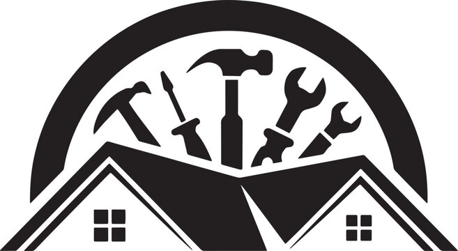 Home repair and maintenance logo featuring tools above a roof isolated on