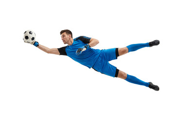 Soccer goalkeeper diving to catch ball in midair on isolated background, athletic save action and competitive sports concept for training, coaching materials and fitness motivation