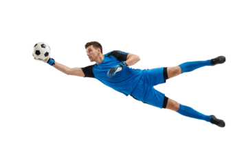 Soccer goalkeeper diving to catch ball in midair on isolated background, athletic save action and competitive sports concept for training, coaching materials and fitness motivation