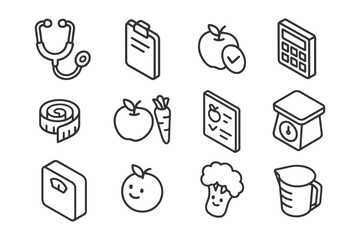 Healthcare and nutrition icon set: stethoscope, apple, broccoli, measuring tape, scale, carrot.