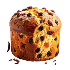 Holiday treat raisin-filled cake with a bite taken, against black