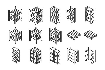 Isometric warehouse shelving and pallets: industrial storage solutions and racking system designs.