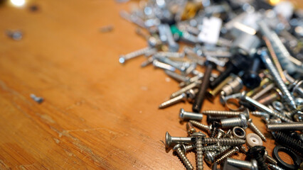 Mixed hardware tools with different types of nails and screws