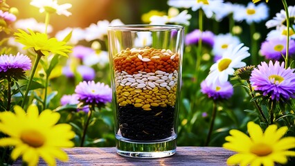 Vibrant layering of colorful seeds in glass, surrounded by daisies on rustic wood, captures nature's beauty and potential healthy snack ideas