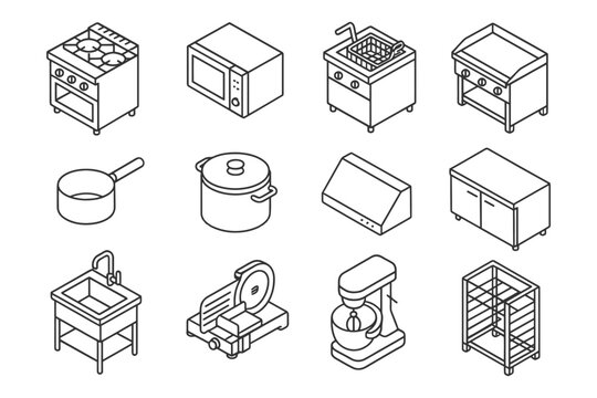 Isometric kitchen appliances and equipment set in black and white line art design.