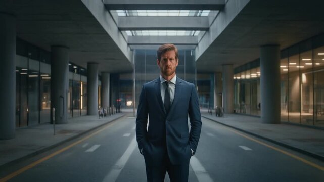 Confident young businessman in a sharp suit standing powerfully in a modern urban architectural landscape, embodying success, ambition, and corporate determination